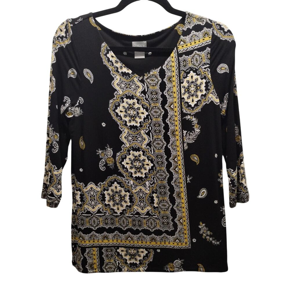 Chico's Size Small (0) Black Yellow Medallion Soft Stretch 3/4 Sleeve V-Neck Top
